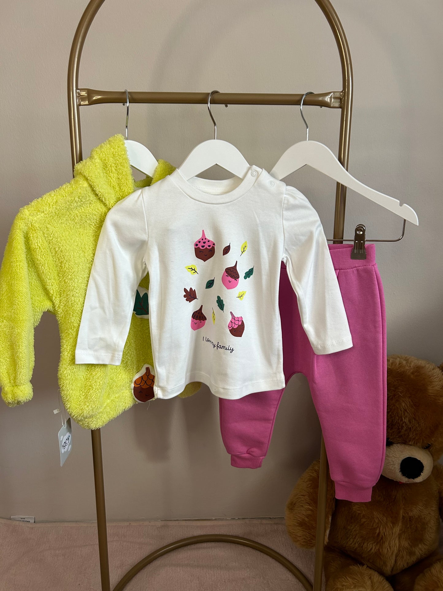 Peluş hırkalı fıstık yeşil 3 lü bebek takım