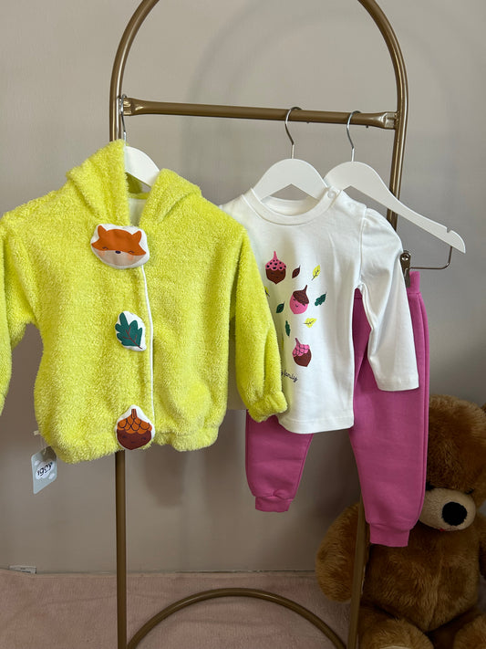 Peluş hırkalı fıstık yeşil 3 lü bebek takım
