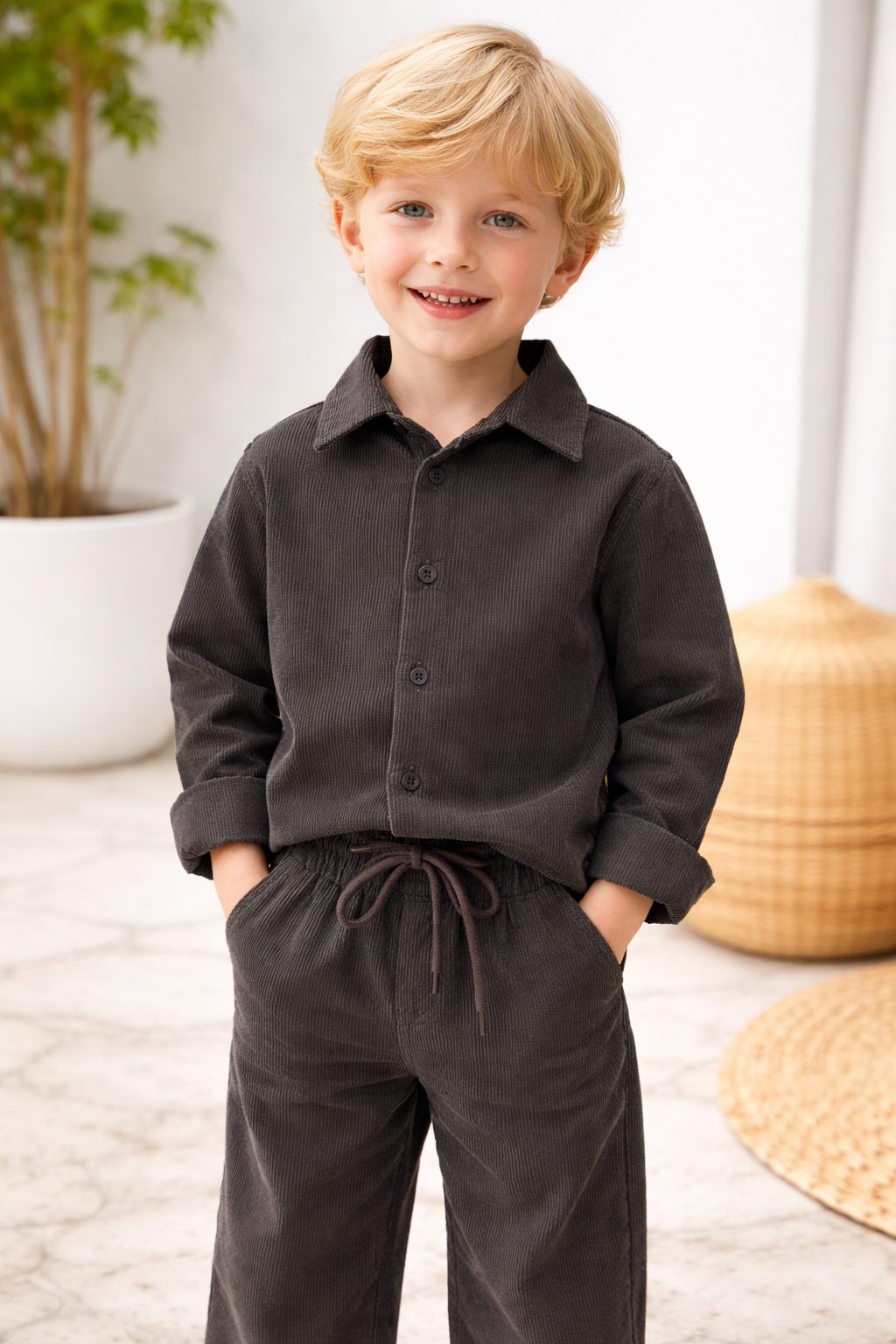 Antresit renk kadife erkek çocuk takım