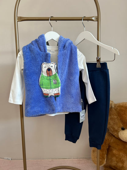 Mavi peluş yelekli takım