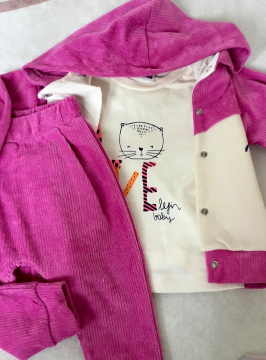Pembe ince kadife kız bebek 3 lü takım
