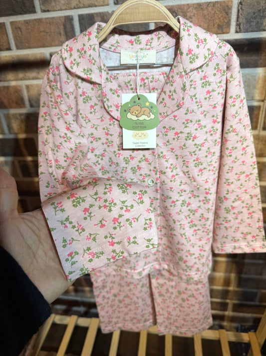 Çiçekli pamuk düğmeli pijama