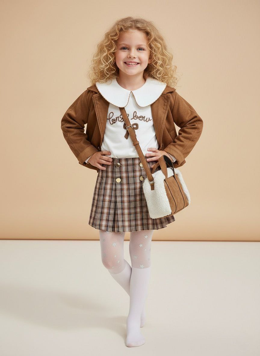 Karemel kız çocuk takım ( bluz+etek+ceket+çanta)