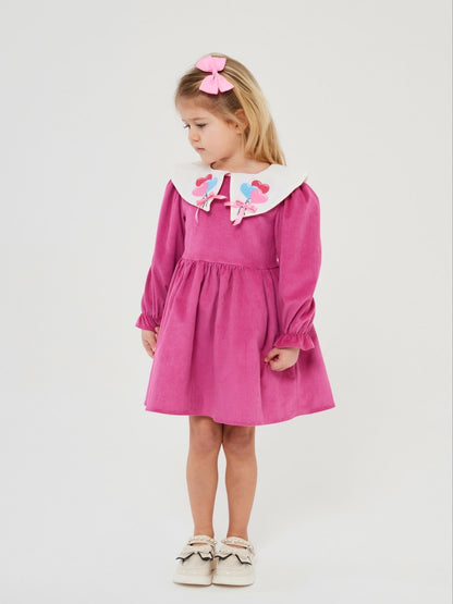 Kadife balon yakalı pembe kız çocuk elbise