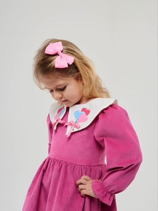 Kadife balon yakalı pembe kız çocuk elbise